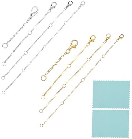 JUHUA 8 Pcs Necklace Extender Silver, Silver Gold Necklace Chain Extender for Necklace with 2 Pcs Silver Polishing Cloths for Necklaces Bracelets Jewelry Making (4 Sizes)