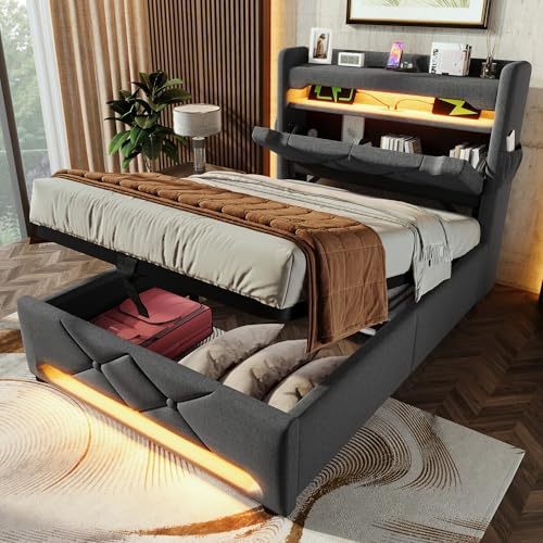 RIAZOS Polsterbett Einzelbett 90x200 mit LED, Hydraulisch Stauraumbett, Stauraum-Kopfteil mit USB Typ C Ladefunktion, Bettrahmen für Jugendliche und Erwachsene, Leinen, Grau, ohne Matratze