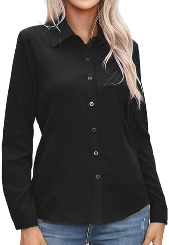 GWAWG Blusa casual de manga larga con botones negra para mujer, camiseta ajustada, elástica, básica, para oficina, negocios, damas., Negro, L