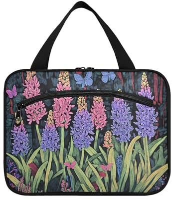 Trousse de toilette à suspendre avec crochet, motif fleurs de jacinthe violettes et roses, feuilles vertes, sacs compacts pour homme pour voyage, maquillage, voyage envase para parfum de L