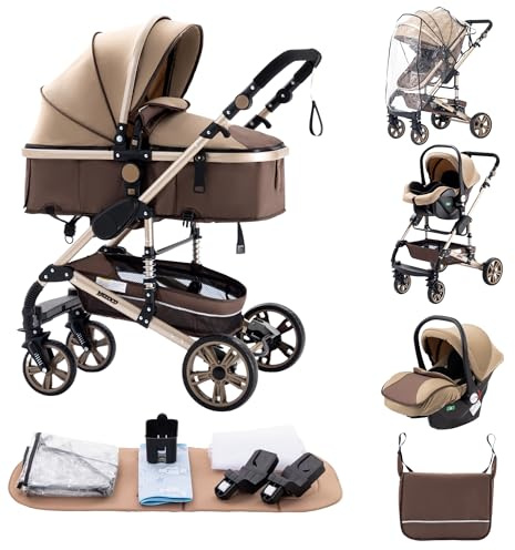 ALYIKOU Kinderwagen 3 in 1, Kombikinderwagen bis 25 kg Zusammenlegbar Reise-System Aluminiumrahmen für Neugeborene schwarz