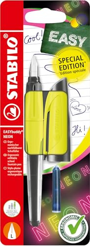 STABILO - Schulfüller mit Linkshänder-Feder L - EASYbuddy NEON | neongelb, löschbar blau, inkl. Patrone, Blister