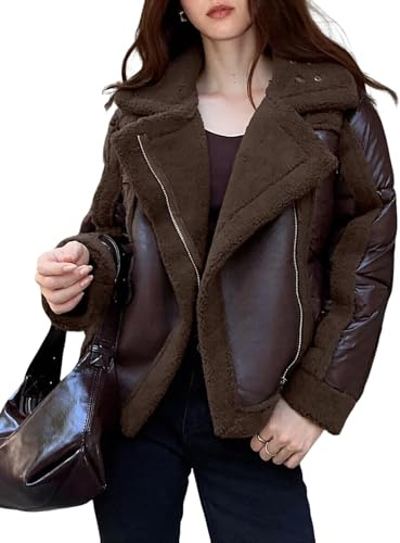 Pallivare Women's Down Jacket with Faux Leather Asymmetrical Zipper Thick Warm Winter Moto Fleece Lapel Outwear Coat GSDF2294 Coffee S