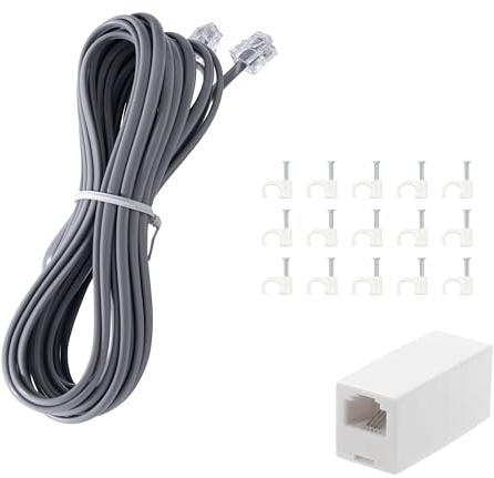 ZTOXLR Phone Extension Cord 15 FT Long Phone Cable Line Wire, with Standard RJ11 Plug andIncludes Telephone Inline Coupler RJ11 Splitter and 15 Cable Clip Holders, Grey