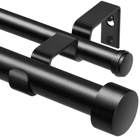 KAMANINA Schwarze Gardinenstange 2 Läufig 190-355 cm, Ø 25 mm Vorhangstange | Gardinenstange Doppelläufig, Verstellbar, Wandhalterung, Metall, bis 15 KG, mit Endkappen, für Fenster, Einfache Montage