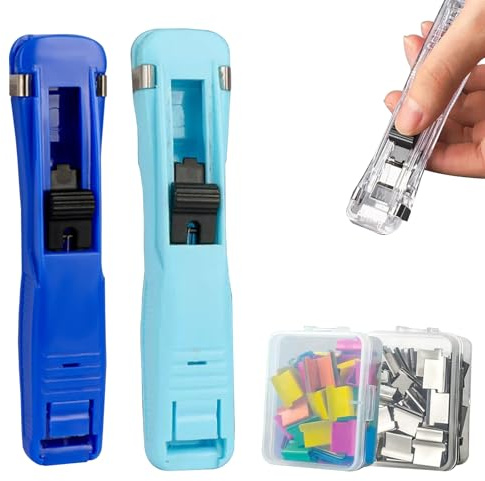 Portable Binder Clip Stapler - Includes 100 Reusable Clips, Klammerloser Hefter, Tragbarer Hefter mit Binderclips, Nachfüllbarem Hefter und Klammerspender-Set für Büro, Schule (Blau+Hellblau)