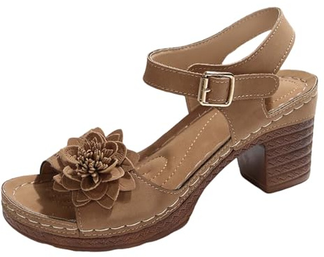 Damsandaler med blommönster, spännrem, öppen tådel, kvadratisk klack, bekväma strandskor