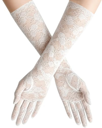 BEZHO White Lace Gloves, Lace Gloves for Women | Elbow Length Floral Long Gloves for Women Wedding Opera Evening Tea Party Costumes Masquerade (White)