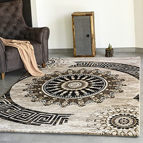 VIMODA Teppich kurzflor Klassisch Orient Design Vintage Mandala Dunkelbraun Braun Beige, für Wohnzimmer, Schlafzimmer, Maße:80 x 150 cm