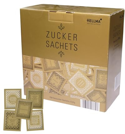 Hellma Zucker-Sachets Goldline 750 Stk. je 3,6 g – 3,6 kg Vorrats-Box - Zuckertütchen einzeln, für Kaffee oder Tee