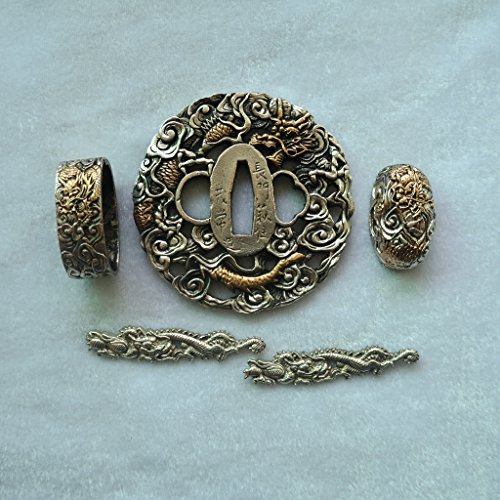 Boyu Japanese Sword (SEPPA-HABAKI-ITO) Gold-Plating Copper 10-18 Menuki Fuchi-Kashira Tsuba (SM17, 3.54/3.07in， 2.75/2.59in)