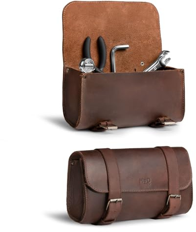 Hide & Drink Motorrad-Lenkertasche aus dickem Leder, handgefertigt, Tasche für Zubehör, Satteltasche Bourbon-Braun.