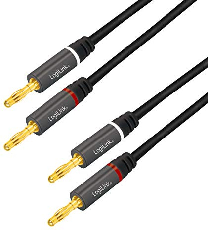 LogiLink CA1211 - Lautsprecherkabel 2x 2 Bananenstecker mit vergoldeten Kontakten, Farbcodierung und Nylon Aussengeflecht, 5m