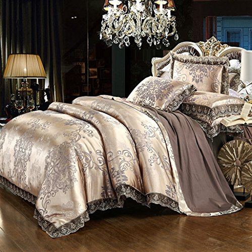 Teinopalpus Satin Embroidery Duvet Cover Set Full/Queen Size Cotton Sateen Luxury European Neoclassical Style Jacquard Lace Comforter Cover and 2 Pillowcases,3 Piece
