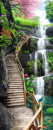 A.Monamour Türtapete Selbstklebend Türfolie Türposter 3D Promenade In Berg Wasserfall See Naturlandschaft Vinyl Folie Türdeko Tapete Wandbild Türaufkleber Türtattoo 77 x 200 cm