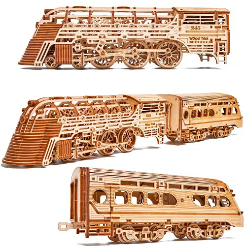Wood Trick Atlantic Express Train 3D Wooden Puzzles for Adults to Build - 26.7x4 in - Rides up to 9 ft - Mechanical Locomotive Model Kit for Adults