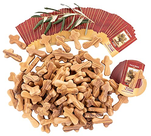 Zuluf 100 Small Olive Wood Comfort Crosses from Bethlehem Israel,Pocket Holding Crosses,Religious Gift for Kids and Adults,Comes With 100 Holy Land Certificates 6cm,2.5 Inch Each Cross,CRS301