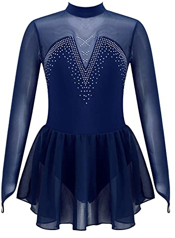 Agoky Mädchen Langarm Skaterkleid Glitzer Eiskunstlauf Kleid Tanzkleid Mesh kurz Swing Tutu gefaltet Röckchen mit Slip Navy Blau B 134-140