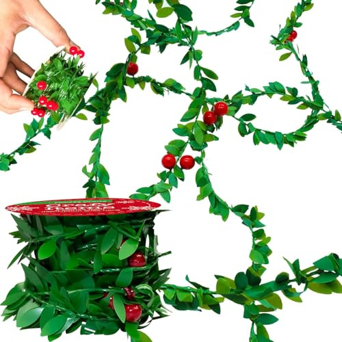 Green Holly Leaves 2M Garland with Red Shiny Berries, Luxury Christmas Tree Decoration, Best for Xmax Party and Home Decoration