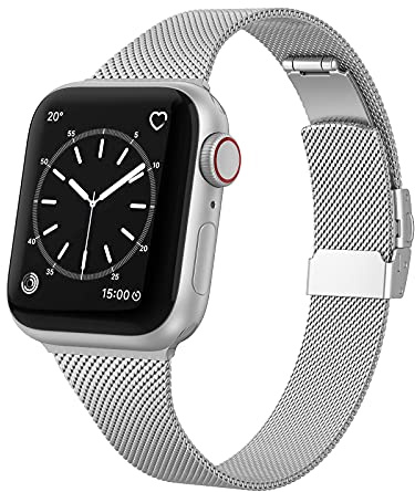 Tuocal Kompatibel mit Apple Watch Armband 42mm (Series 10) 41mm 40mm 38mm, Schmales Edelstahl Metall Ersatz armband für Apple iWatch Series 10 9 8 7 6 5 4 3 2 1 SE Sport Edition Damen, Silber