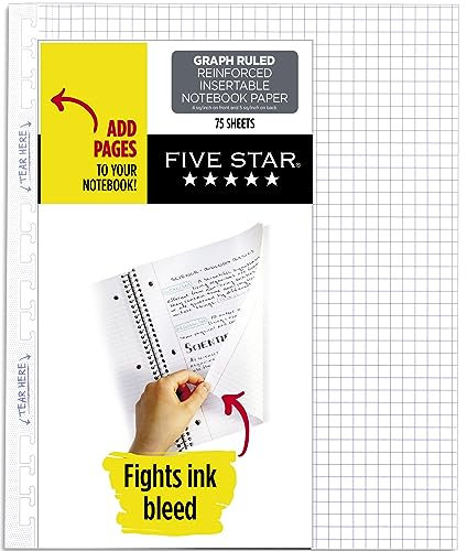 Five Star Einführbares Loseblattpapier, 6 Stück, Notizpapier, Grafikpapier zum Hinzufügen von Seiten, verstärktes Füllpapier, 8,5 x 11, 75 Blatt pro Packung (170014)