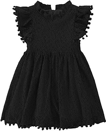 PythJooh Toddler Girl Flutter Sleeve Party Dress Baby Kids Elegant Lace Pom Pom Princess Dress for 0-7Years Black