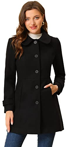 Allegra K Womens Elegant Peter Pan Collar Overcoat Winter Dressy Long Coat | Single Breasted, Long Sleeve, Office Mid-thigh Peacoat, Fall Trench Coats Outwear Black S