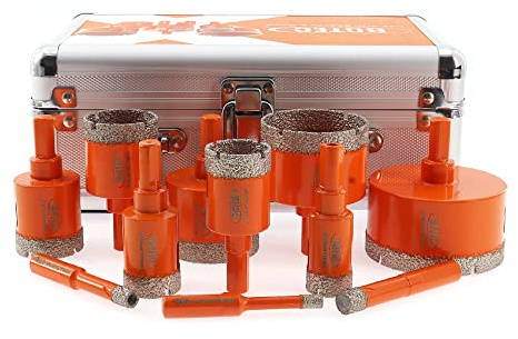 BGTEC Juego Brocas Diamante, 11pcs 6/8/10/20/25/28/32/35/45/50/65mm Triángulo Vástago Sierra Brocas para Cerámica Porcelana Azulejos Mármol Granito gres Cuarzo