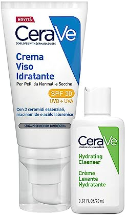 CeraVe Kit Viso e Viaggio, Crema Idratante SPF 30, Per Pelli da Normali a Secche, Con Acido Ialuronico, 52 ml + Detergente Viso, Per Pelli da Normali a Secche, 20 ml