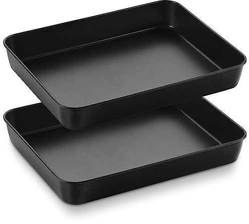 HaWare Oven Tray, Non-Stick Stainless Steel Baking Sheet Pan Set of 2, Rectangle Deep Cake Tin for Roasting Baking Serving, 31.5x24.8x5cm, Healthy & Non-Toxic, Rust Resistant (Black)