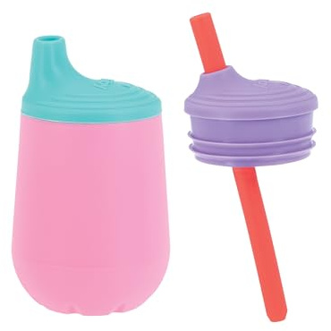 Nuby First Training Cup Set, 4oz Silicone Tumbler with Spout and Straw Combo, 1 pk, Girl