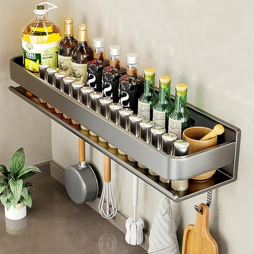 LNGFSH Spice Rack Wall Mounted with 5 Hooks, Hanging Storage Shelves, Kitchen Wall Shelf, Utensil Rack, Carbon Steel Spice Racks Organiser for Spice Jars and Seasoning Bottles (60cm,Grey)