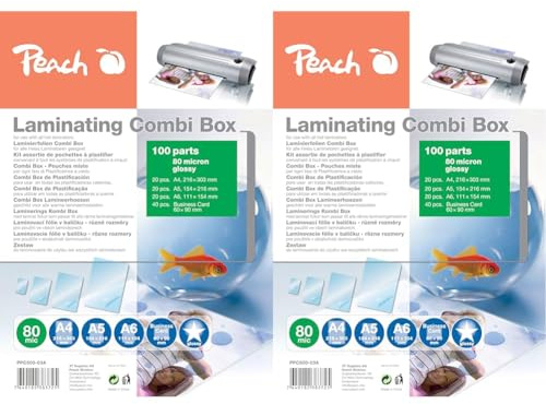 Peach Laminierfolien A4, A5, A6 Sparset - 80 mic - 100 pouches - glänzend - kompatibel mit Laminiergeräten aller Markenhersteller - PPC500-03A (Packung mit 2)