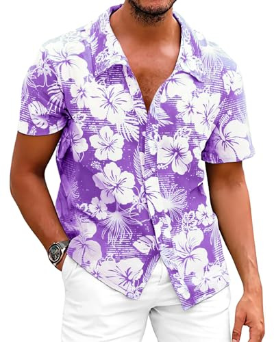 Fastkoala Hawaiiansk skjorta för män tropiska strandskjortor blommiga toppar semester vardaglig bomull linne button down, Lila, 3XL
