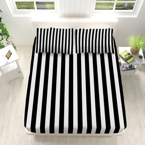 Spannbettlaken 140x200cm Schwarz-Weiß Gestreift Spannbetttuch Weich und Atmungsaktiv Gebürstete Mikrofaser Bedding 30cm Tiefe Tasche Bettlaken für Kinder Erwachsene