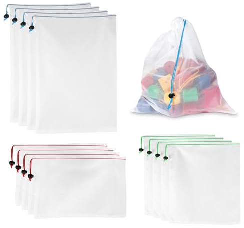 Toy Storage Bags, 12-Pack 8in /14 in / 17in Toy Mesh Bag Washable Drawstring Grocery Bags Reusable Can be Used to Store Fruits and Vegetables Toys