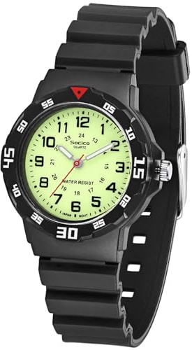 SOCICO Orologio analogico per bambini Orologio da polso con tempo di apprendimento impermeabile per ragazzi e ragazze con cinturino morbido per bambini (Nero carbone Verde fluorescente)