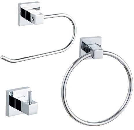 Betadistor Juego de accesorios de baño cromados de 3 piezas, toallero cromado/anillo, soporte para papel higiénico, ganchos para abrigos, juego de anillos de toalla de acero inoxidable para baño,