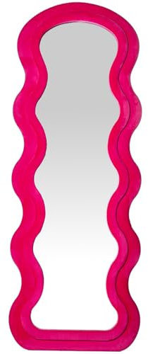 DRW Specchio da terra moderno con forma ondulata in legno e velluto rosa 60x3,5x160 cm