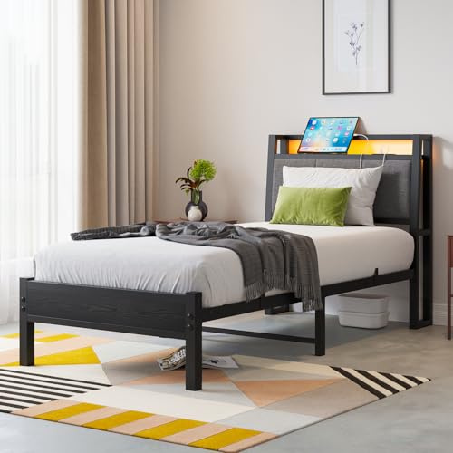 FOUBAM 3FT Single Bed Frame with Storage Headboard, Black | Ergonomics Single Bed Frame with Charging Station and LED Lights, Heavy Duty Platform Bed with Fabric Storage Headboard