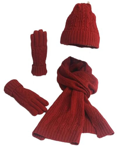 CWCQGH Wintermütze, Mütze und Schal-Set für Damen und Herren, gestrickt, Warmer Wollschal, Mütze, Handschuhe, Sets, Beanie, Mütze, Schal, 3-teiliges Set (Weinrot)