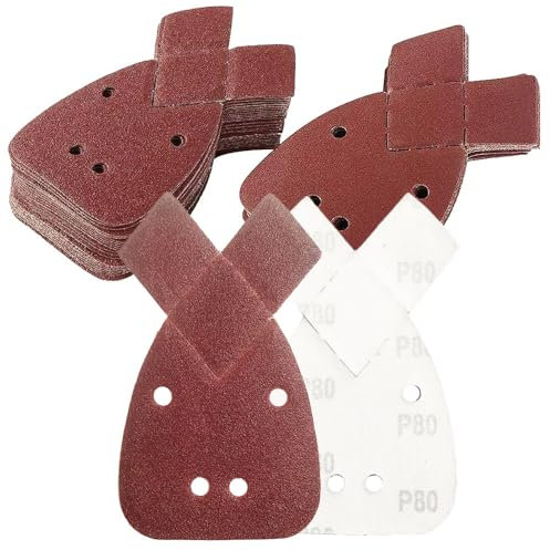 Belegao 60PCS Sanding Pads 40/60/80/120/180/240 Grits, Sanding Sheets 4 Holes Hook and Loop Multi Tool Mouse Sander Pad Triangle Sanderpaper for Random Orbital Sander Sanding, Polishing(A-16.5x9.5cm)