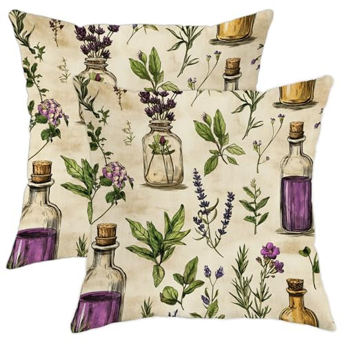Herbal Pillow Covers Set of 2, Lavender Floral Botanical Throw Pillow Cases, Vintage Decorative Square Home Decor Cushion Covers for Living Room Sofa Couch 20x20 Inch