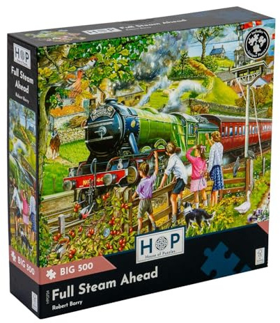 The House of Puzzles Full Steam Ahead, Big 500 Piece Jigsaw | Extra Large Pieces, Artist Illustrated, Scenic Landscape, Deluxe Puzzle Gift for Adults