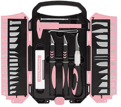 MANUFORE Kit Scalpel 34 Pièces avec Cutter de Précision，Rose | 3 couteaux antidérapants, 25 lames et accessoires pour maquette, scrapbooking, loisirs créatifs et découpe papier