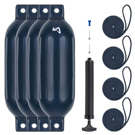 Mesle Fender Boot Dura 4er Set mit Leine & Pumpe, ø 11 cm | 40 cm lang, Langfender aufblasbar, Bootsfender, Fender Schiff Yacht Schlauchboot