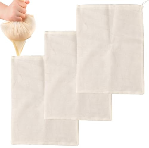 Aieino 3PCS Reusable Cheese Cloths for Straining, Cotton Drawstring Cheesecloths Muslin Cloth Mesh Food Filter Bag for Juice, Nut Milk, Yogurt Strainer, Cooking, Brewing(25x30cm)