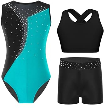 Yruioon 3 Stück Mädchen Turnanzug Ärmellos Gymnastikanzug Streifen Gymnastik Leotard + Sport BH Tops + Shorts Turnen Gymnastik Kleidung