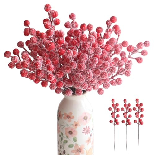 YXYQR 24 rami di bacche rosse ghiacciate con neve artificiale, 21 cm, bacche di agrifoglio finte, ornamenti per ghirlande, fai da te, decorazioni per albero di Natale, decorazioni natalizie