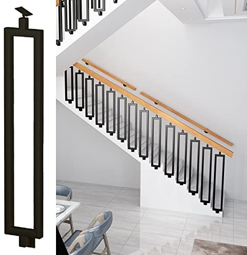 Balustre d'escalier en métal noir avec balustrade rectangulaire, design creux unique, support réglable latéral inclus, utilisation en intérieur et en extérieur (105 cm)